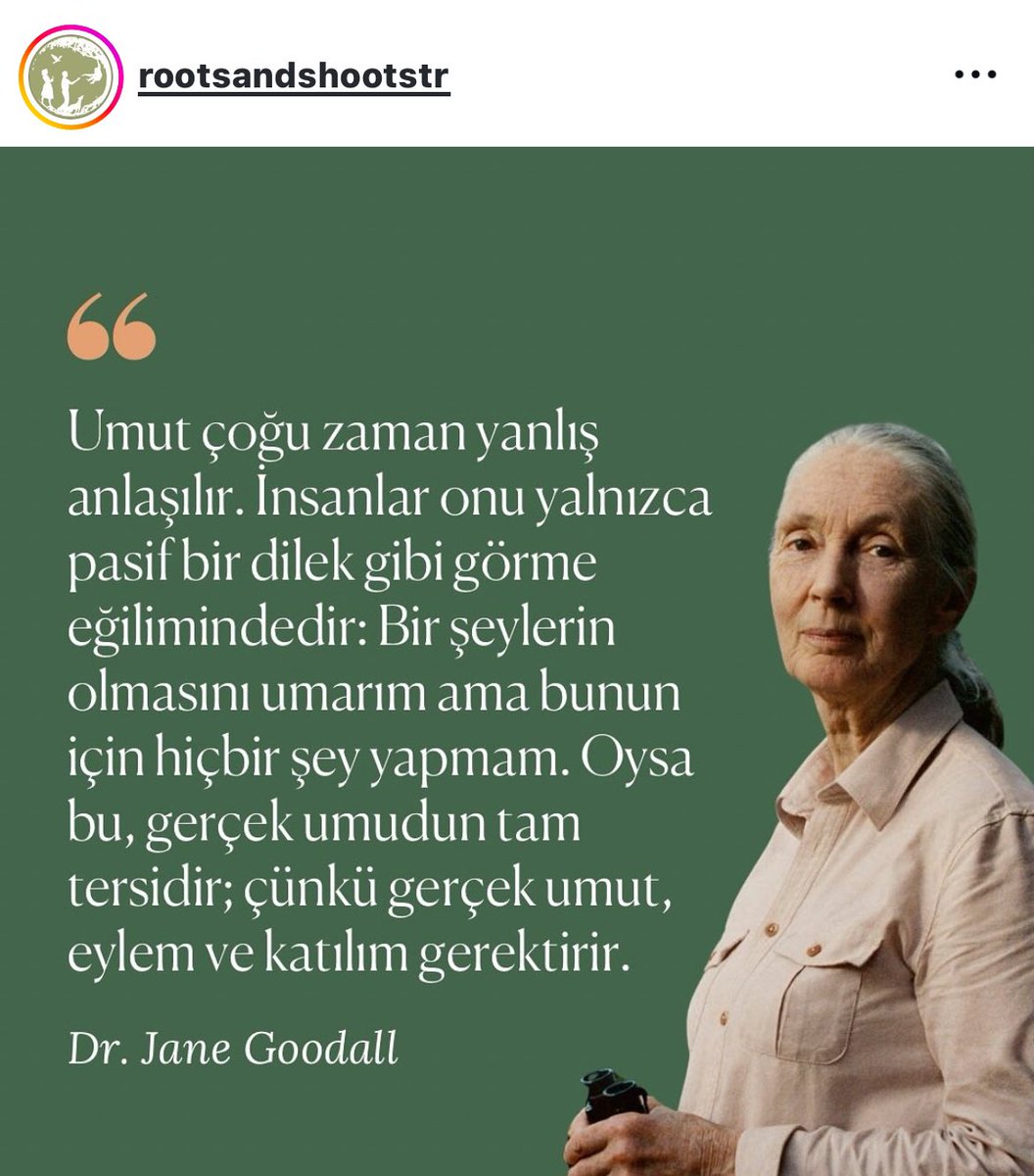 BuketUzuner's tweet photo. UMUTSUZLUK YOK! HAREKETE GEÇMEK VAR!
" #umut beklemek değil,yola çıkmaktır!Umut,yalnızca geleceğin daha iyi olacağına inanmak degil,o geleceği inşa etmek için sorumluluk almaktır. Dr. #janegoodall umudumuzu korumamız için nedenler sunuyor ve harekete geçmemiz için ilham veriyor" https://t.co/Ww4lUbexNP
