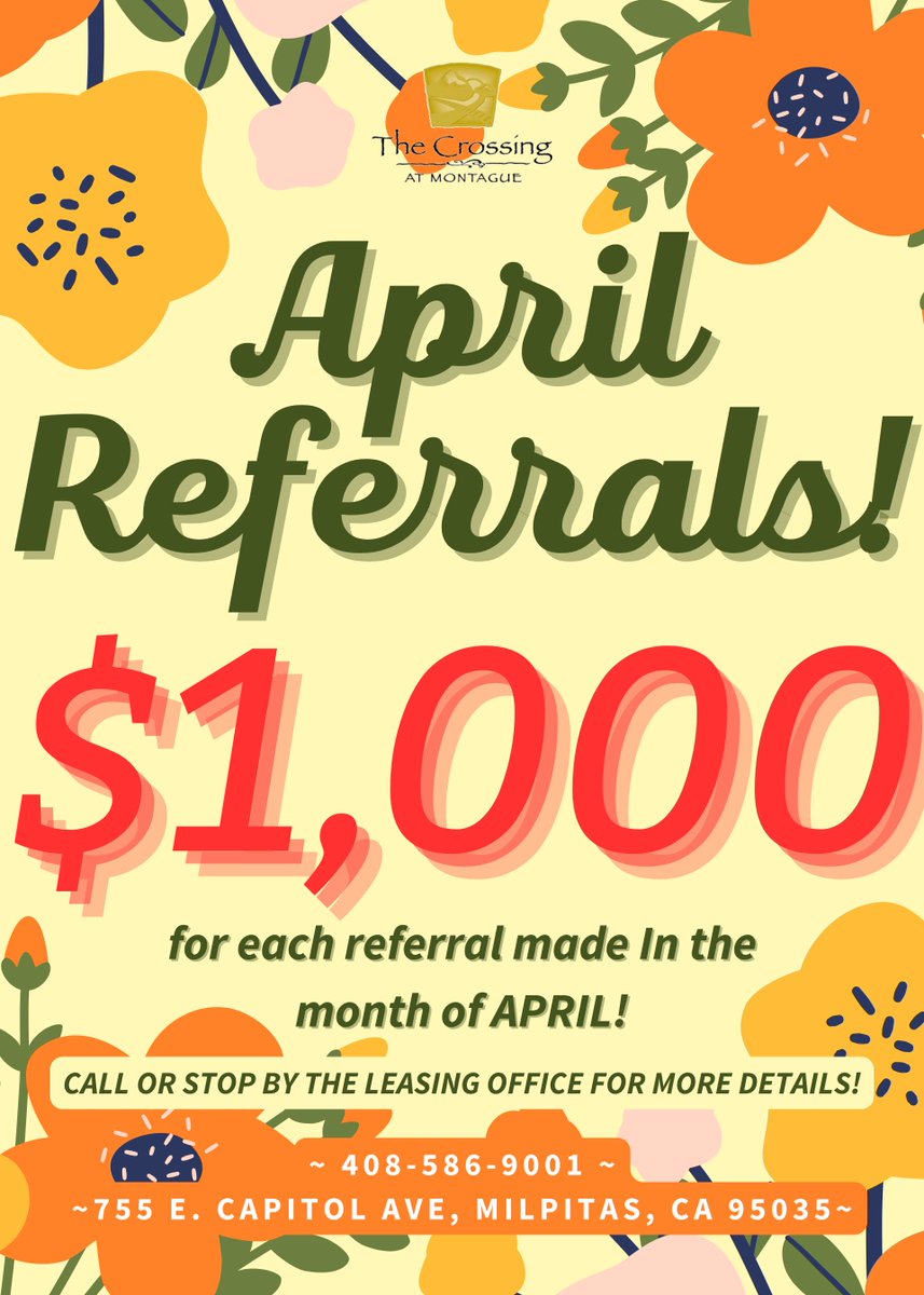 TheCrossingRPM's tweet photo. April Showers, bring May Flowers &amp; Referrals!!

APRIL REFERRALS ARE $1,000!!

We have GREAT DEALS going on right now on our floorplans!!

Bring your friends &amp; colleagues to find their future home in our apartment complex to enjoy our amenities!

- The Crossing Team https://t.co/POCE0OECIc