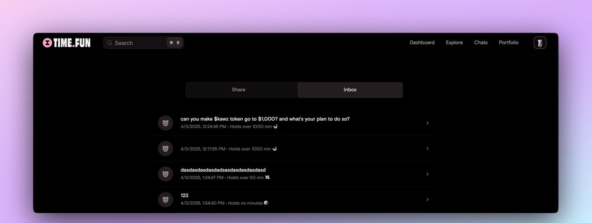 We've released a quick but fun product on <a href="/timedotfun/">time.fun</a> - Anonymous Q&amp;As

Like NGLdotlink except if you are a minute holder of the creator, your questions have priority and appear at the top of the inbox

It's just a V1 for now, we'll add more to the product soon!