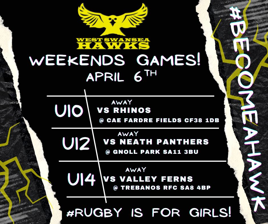 ‼️ WEEKENDS GAMES ‼️

West Swansea Hawks U10s, U12s and U14s are off on their travels this weekend!

U10s vs Rhinos Female Rugby Hub k/o 2:30pm Away
U12s vs Neath Panthers k/o 2:00pm Away
U14s vs Valley Ferns Under 14’s k/o 2:00pm Away

Come and support the girls!

#wru_community
