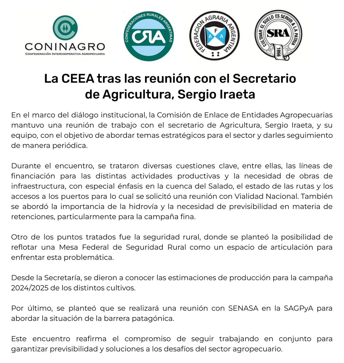 CRAprensa's tweet photo. 🔴 COMUNICADO CEEA
Reunión con el Secretario de Agricultura Sergio Iraeta
@agriculturaar 

@CONINAGRO @SociedadRural @fedeagraria https://t.co/3quIEoHs4F