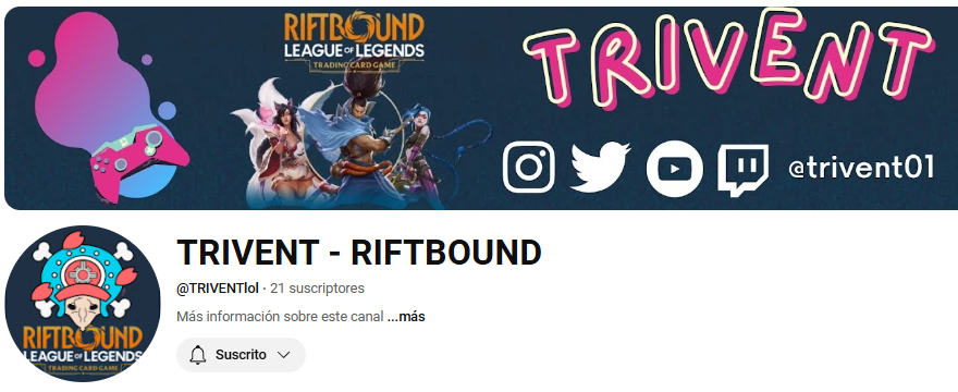 Gente he empezado a probar riftbound y me parece un juego super interesante así que vamos a empezar un canal sobre el mismo. Os invito a que os suscribais para estar atentos! youtube.com/@TRIVENTlol