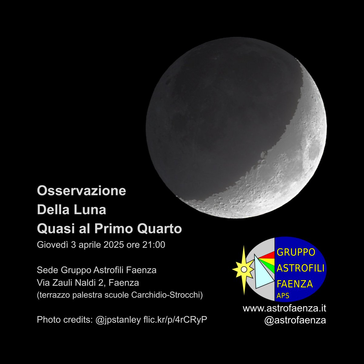 Questa sera, giovedì 3 aprile dalle 21, ci troveremo in Via Zauli Naldi 2, #Faenza per osservare #Luna, #Giove, #Marte, #Pleiadi e altri oggetti interessanti con i nostri #telescopi e #binocoli

Ingresso libero e #gratis, non mancare!
mobilizon.it/events/8689209…

#astronomia #romagna