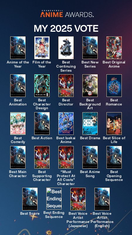 Voted for my favs for anime awards mainly voted for Solo Leveling! crunchyroll.com/animeawards/vo…