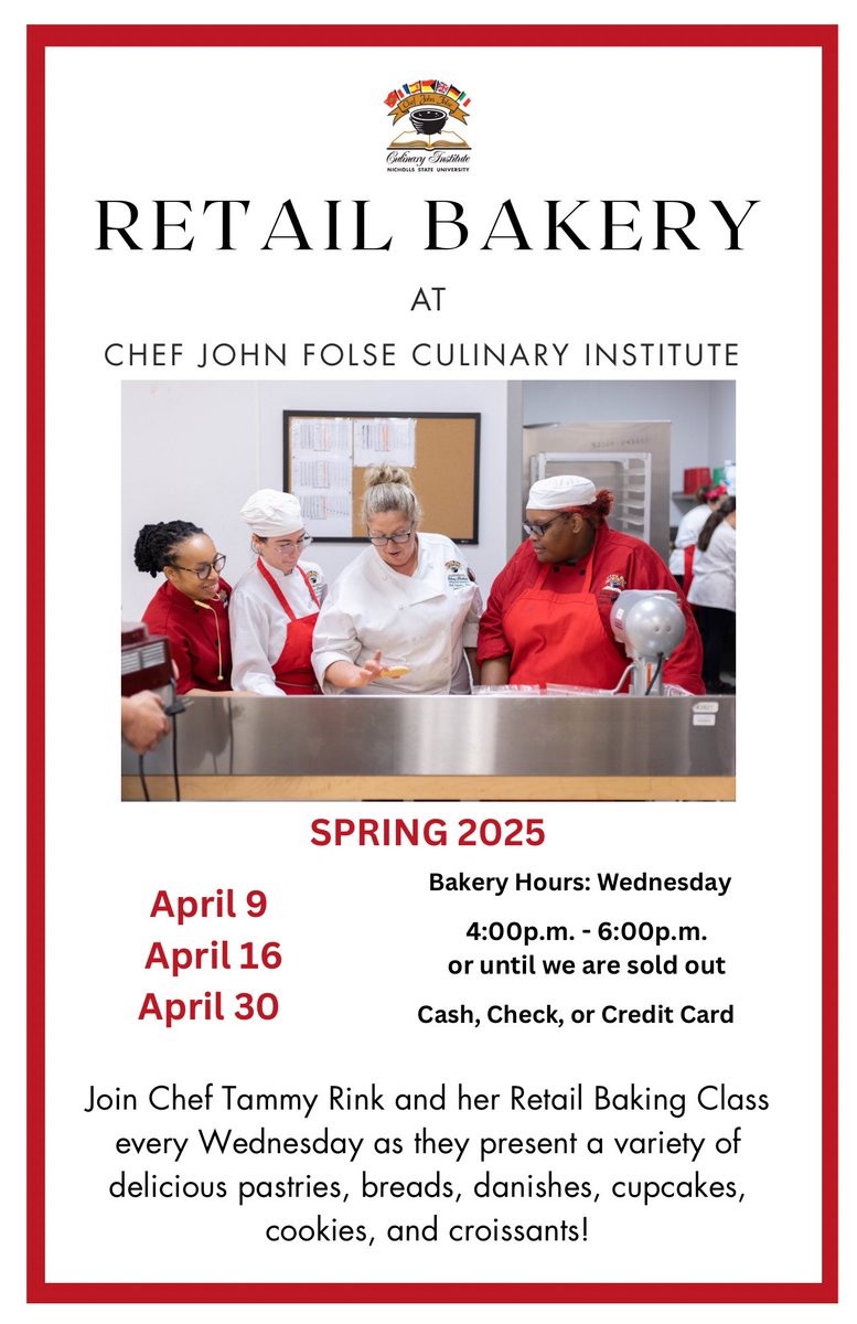 Join Chef Tammy Rink and her Retail Bakery class every Wednesday from 4:00 PM to 6:00 PM at the Ledet Culinary Building Bakery!

914 E First St
Thibodaux, LA 70301

We can’t wait for you to try our delicious pastries, breads, danishes, cupcakes, cookies, &amp; croissants!
