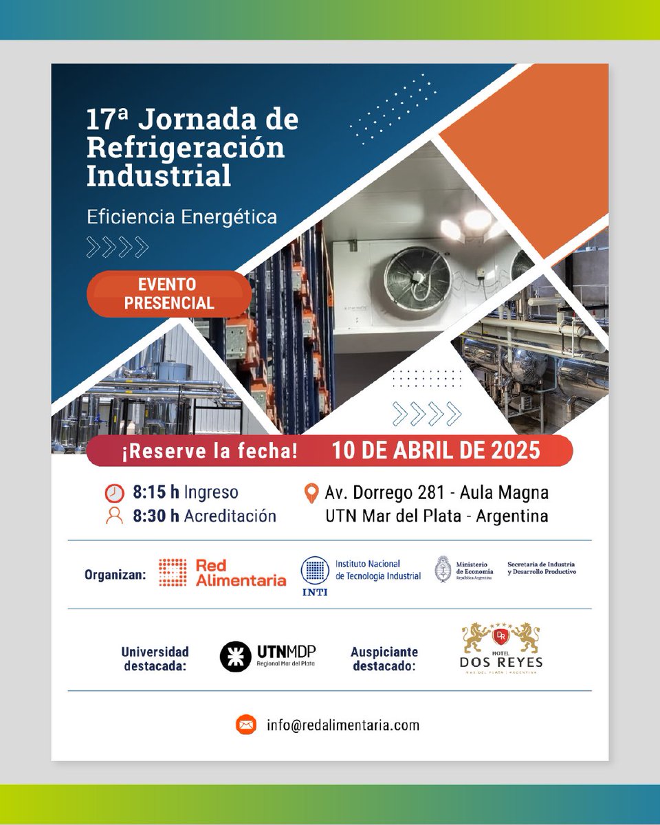 #TecnoFidtaConecta te invita a la Decimoséptima Jornada de Refrigeración Industrial
"Eficiencia Energética"
🗓 Jueves 10 de abril
⏰ 08:15 hs
💻 Evento Presencial
✅🎓Incluye certificado

Actividad NO arancelada con inscripción previa en el siguiente link: redalimentaria.com/17a-jornada-de…