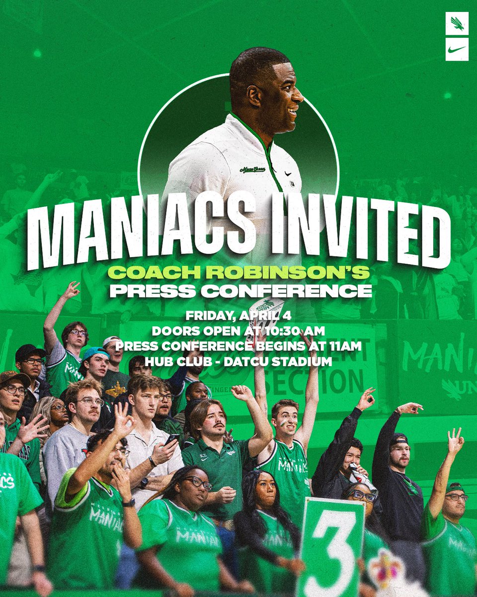 Mean Green Maniacs (@unt_maniacs) on Twitter photo Students are invited to meet our new head menโs basketball coach, Daniyal Robinson, this Friday! The introductory press conference will begin at 11AM at the DATCU Stadium Hub Club, letโs give a warm welcome to coach as he takes over our excellent program! Students are invited to meet our new head menโs basketball coach, Daniyal Robinson, this Friday! The introductory press conference will begin at 11AM at the DATCU Stadium Hub Club, letโs give a warm welcome to coach as he takes over our excellent program!
