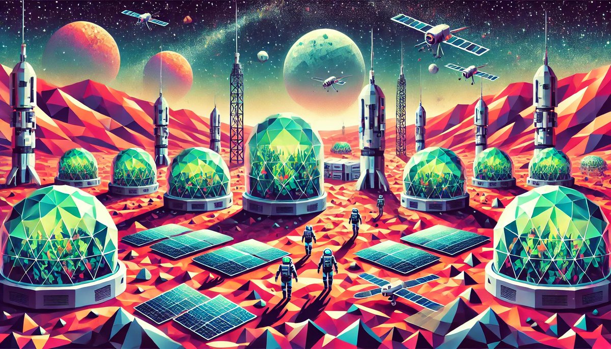 SRC3930's tweet image. A faceted Martian colony glows with emerald biodomes and solar tech, nestled in a jagged low-poly alien landscape.

#Mars #Polyart #SciFiArt #MarsBase #MartianDream #MarsColony