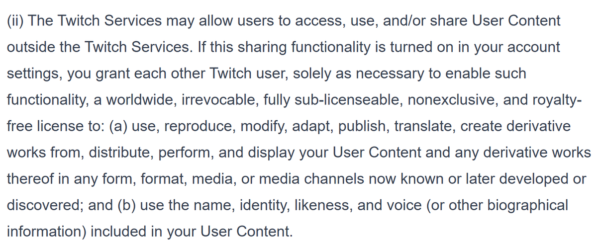 zachbussey's tweet photo. Yesterday's update to Twitch's Terms of Service included a section about giving users a full license to use your content however they want.

This is because Twitch introduced the Share feature.

You can disable this function in your Clips section. https://t.co/uTXf9EqmDb