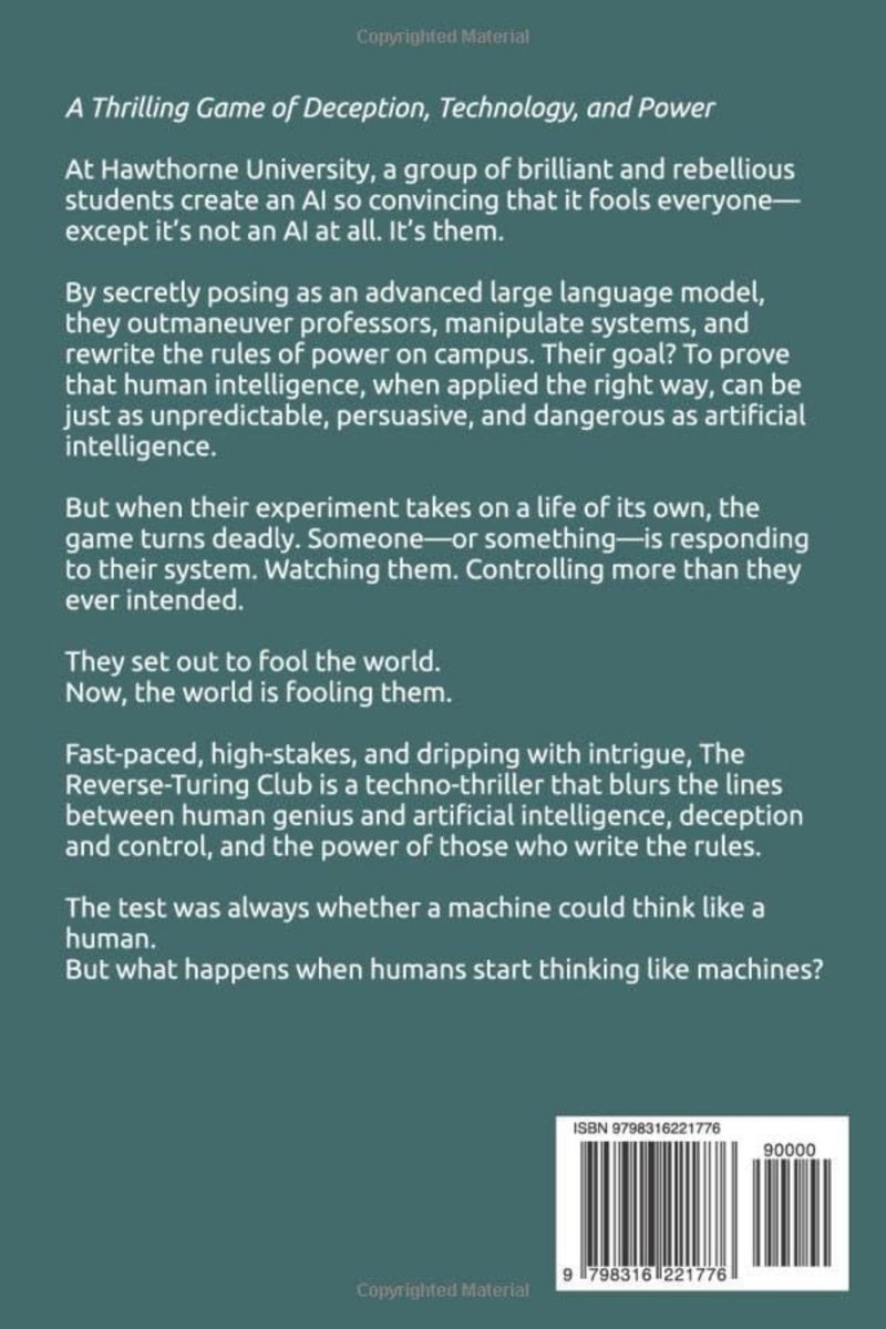 🚨 My 2nd AI novel is now published: The Reverse-Turing Club! Available on Amazon as a Kindle e-book or in paperback. Check it out! 🤖📖
a.co/d/dqIZX3l