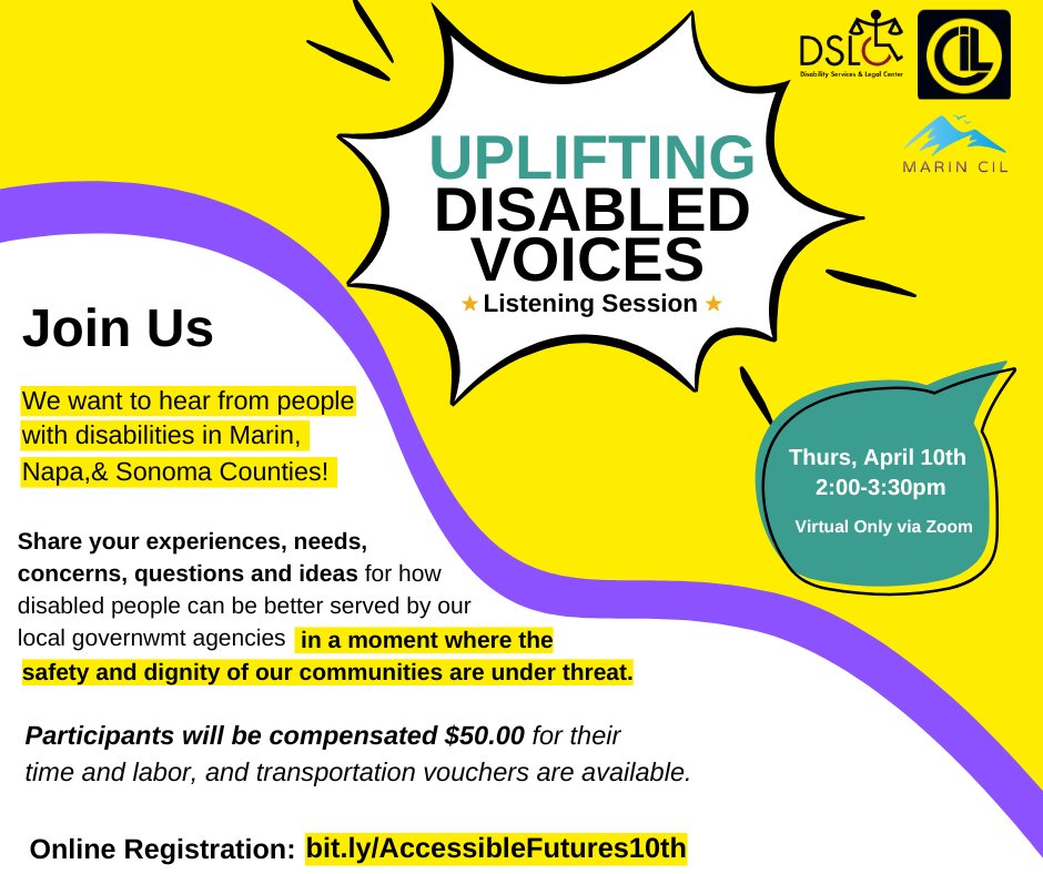 🔊 Disabled in the North Bay Area? Share your experiences at our Listening Session!

Cohosted w/ <a href="/MarinCIL/">Marin CIL</a> <a href="/DSLCSR/">Disability Services & Legal center</a> 

📅 April 10, 2-3:30PM (via Zoom)
💰 $50 stipend + transit vouchers
Register now: bit.ly/AccessibleFutu…

#DisabilityRights #Accessibility
