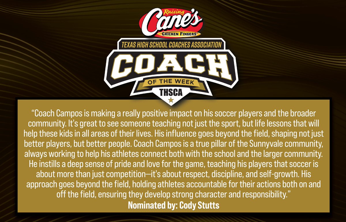 THSCA (@thscacoaches) on Twitter photo Congratulations to <a href="/raisingcanes/">Raising Cane's</a> Coach of the Week, Jay Campos from Sunnyvale High School!🎉 You make us #THSCAProud!
<a href="/Sunnyvale_HS/">Sunnyvale High School</a> <a href="/CodyStutts/">Cody Stutts</a> <a href="/SHSRaiderSoccer/">SHS Raider Soccer</a> Congratulations to <a href="/raisingcanes/">Raising Cane's</a> Coach of the Week, Jay Campos from Sunnyvale High School!🎉 You make us #THSCAProud!
<a href="/Sunnyvale_HS/">Sunnyvale High School</a> <a href="/CodyStutts/">Cody Stutts</a> <a href="/SHSRaiderSoccer/">SHS Raider Soccer</a>