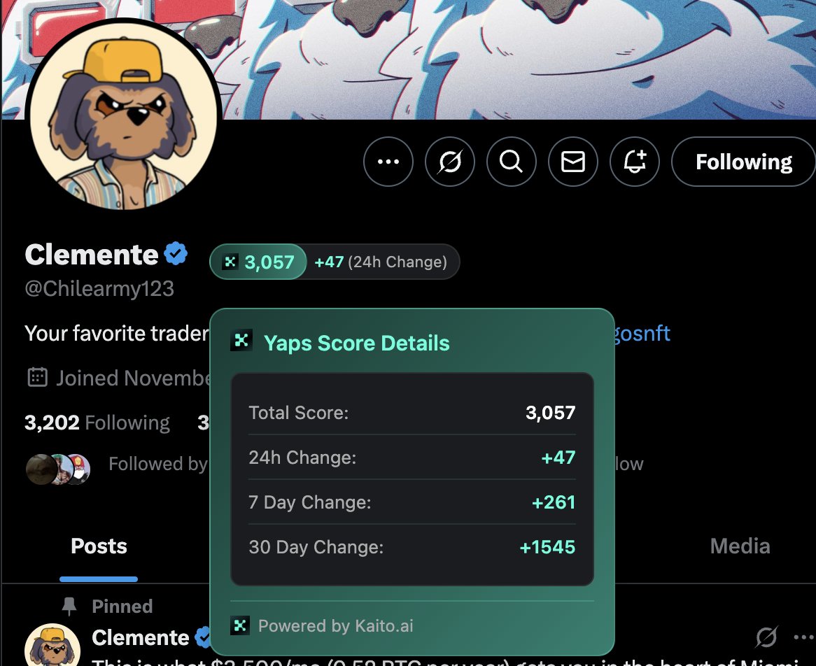 x.com/shannholmberg/…

Just added this yaps extension to my Chrome browser and it's awesome. You can view the total, 24h, 7d, and 30d yaps for any account you visit. Here's a screenshot of <a href="/Chilearmy123/">Clemente</a>