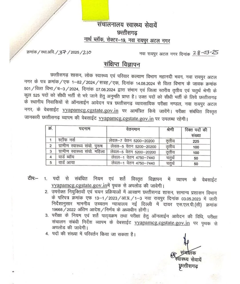 संचालनालय स्वास्थ्य सेवायें छ0ग0 के अंतर्गत स्वास्थ्य संस्थाओं में तृतीय एवं चतुर्थ श्रेणी के रिक्त पदों पर भर्ती

स्टॉफ नर्स
Exam date 21/09/25

वार्ड ब्वॉय &amp; वार्ड आया
Exam date 12/10/25

ग्रामीण स्वास्थ्य संयो. पुरूष &amp; महिला 
Exam date 09/11/25