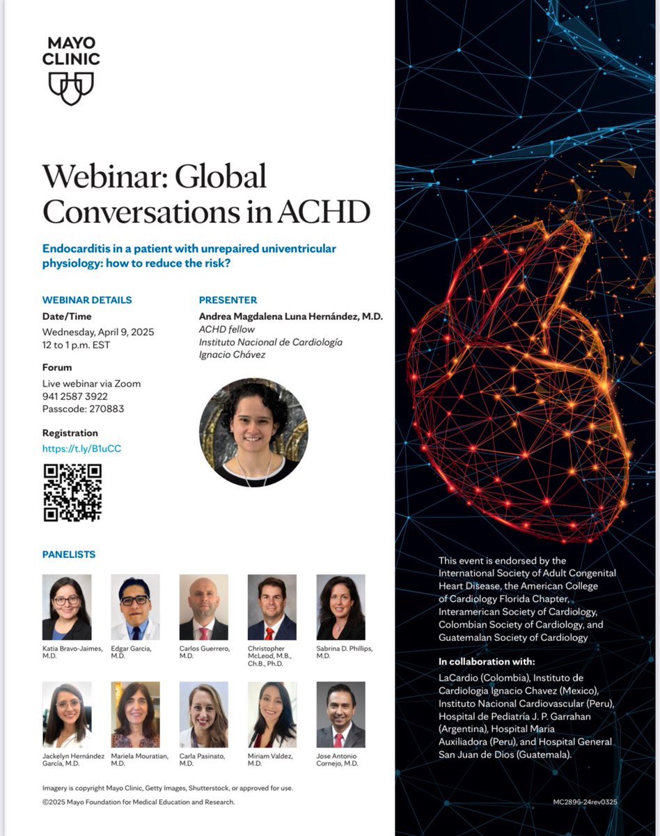 Katia Bravo, MD, FACC (@bravo__md) on Twitter photo 🚨#ACCFIT #ACHD #CardioTwitter #MedEd
Join us in our 23rd session of “Global conversations in ACHD”
April 9th, 12-1pm EST
With endorsement from <a href="/ISACHD/">Int’l Society for Adult Congenital Heart Disease🌎</a> <a href="/FloridaACC/">Florida Chapter ACC</a> <a href="/SIAC_cardio/">SIAC</a> <a href="/sccccardio/">Sociedad Colombiana de Cardiología</a> Sociedad Guatemalteca de Cardiologia
🇺🇸 🇲🇽 🇨🇴 🇵🇪 🇦🇷 🇬🇹
@MayoEquity <a href="/MayoClinicCV/">Mayo Clinic CV</a> 🚨#ACCFIT #ACHD #CardioTwitter #MedEd
Join us in our 23rd session of “Global conversations in ACHD”
April 9th, 12-1pm EST
With endorsement from <a href="/ISACHD/">Int’l Society for Adult Congenital Heart Disease🌎</a> <a href="/FloridaACC/">Florida Chapter ACC</a> <a href="/SIAC_cardio/">SIAC</a> <a href="/sccccardio/">Sociedad Colombiana de Cardiología</a> Sociedad Guatemalteca de Cardiologia
🇺🇸 🇲🇽 🇨🇴 🇵🇪 🇦🇷 🇬🇹
@MayoEquity <a href="/MayoClinicCV/">Mayo Clinic CV</a>