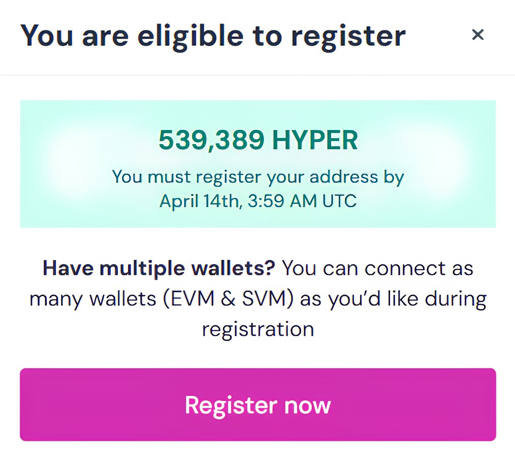 web3subicerr's tweet image. Hyperlane $HYPER  空投檢查器已啟用 🪂

在 4 月 14 日前預先註冊，否則您將錯過您的分配 🪂

claim.hyperlahe.foundation

總供應量 - 1B
TGE 供應量 - 177M
TGE Airdrop - 75M

TGE - 4 月 20 日
申領結束 - 5 月 5 日