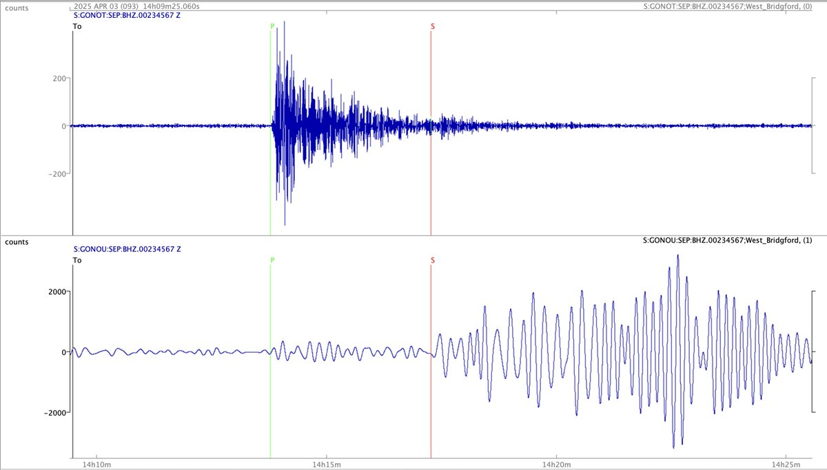 M6.9 earthquake, Reykjanes Ridge, at 14.09 UTC on 3 April 2025. Recorded in Nottingham using 'slinky' (top) and horizontal pendulum school seismometers
#earthquake ⚒️ #geology 🦕
earthquake.usgs.gov/earthquakes/ev…