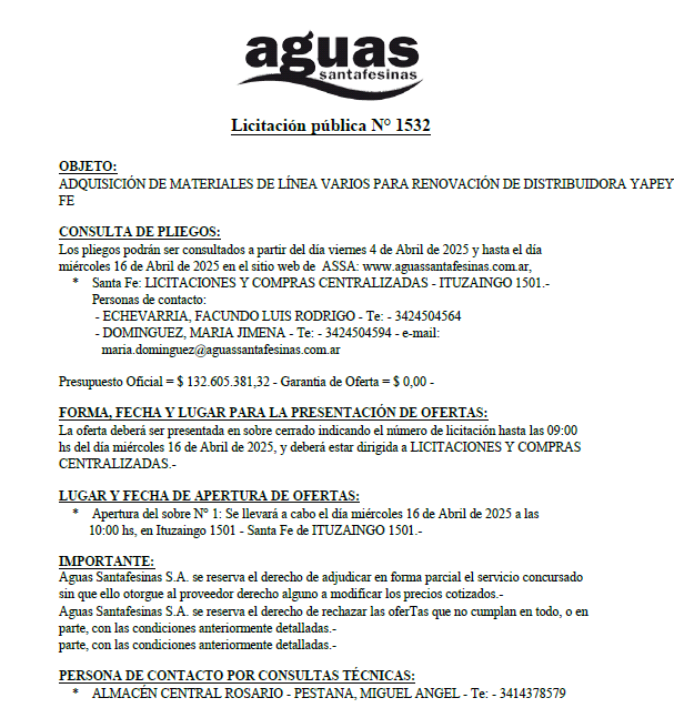 Licitación pública N° 1532
ADQUISICIÓN DE MATERIALES DE LÍNEA VARIOS
PARA RENOVACIÓN DE DISTRIBUIDORA YAPEYU – SANTA FE