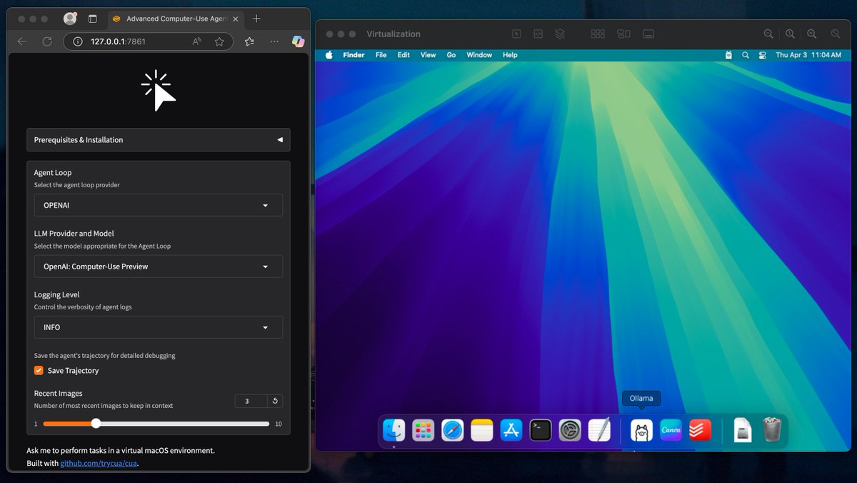 Cua (@trycua) on Twitter photo Launching experimental Grado UI for Agent today - with 3 Agent Loops supported:
- OpenAI CUA
- Anthropic Computer-Use
- OmniParser + VLMs Launching experimental Grado UI for Agent today - with 3 Agent Loops supported:
- OpenAI CUA
- Anthropic Computer-Use
- OmniParser + VLMs