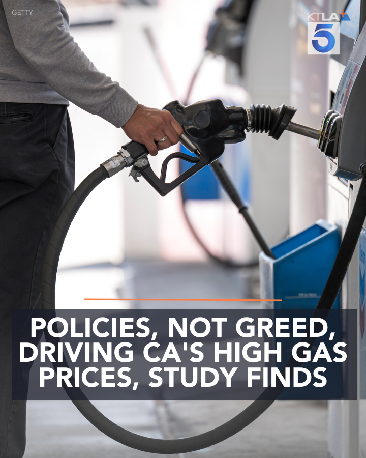 KTLA's tweet photo. As Californians continue to wonder why they suffer disproportionately at the pump compared to other states, a new study from a prominent researcher says the state’s perpetually high gas prices are largely “self-inflicted.” Read more: https://t.co/AD06PE4VCa https://t.co/oLcnYXjZld