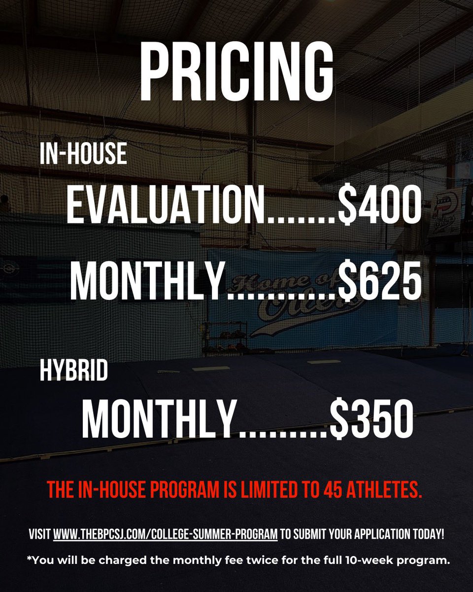 College Summer Pitching Development Program 🔥

Our 2nd Annual College Summer PDP is here! 

What you get?
-10 Week Development Program
-45 Total Spots
-Includes Pitching, Lifting, and PT (Arm Care/Mobility)
-4x per week in House with Hybrid 1x per week options
-Last year’s Avg