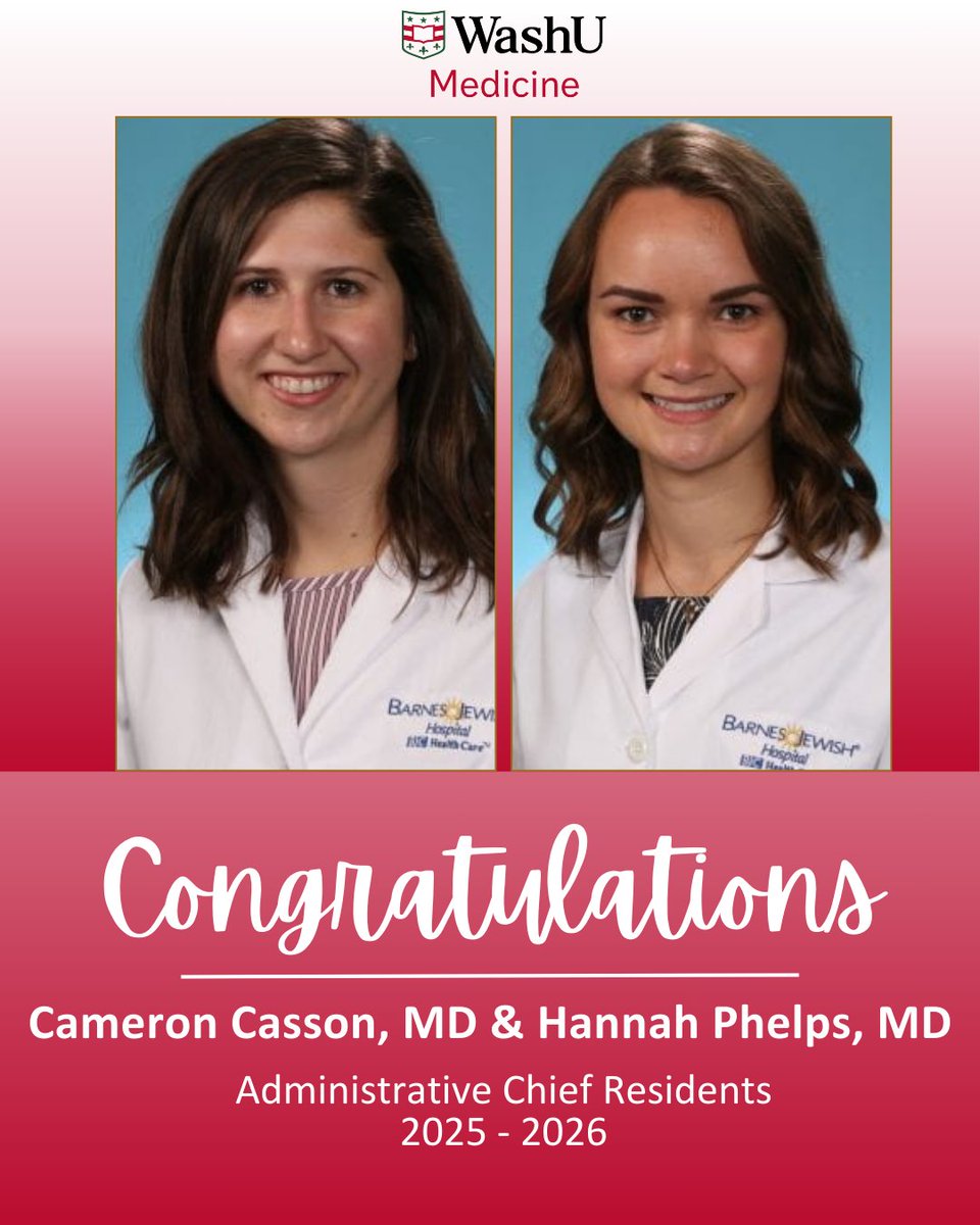 Join us in congratulating Drs. Cameron Casson &amp; Hannah Phelps on being named next year's Walter F. Ballinger II Administrative Chief Residents! We are excited to see the incredible impact they'll make in their new roles. #WashUMedicine #WashUSurgery