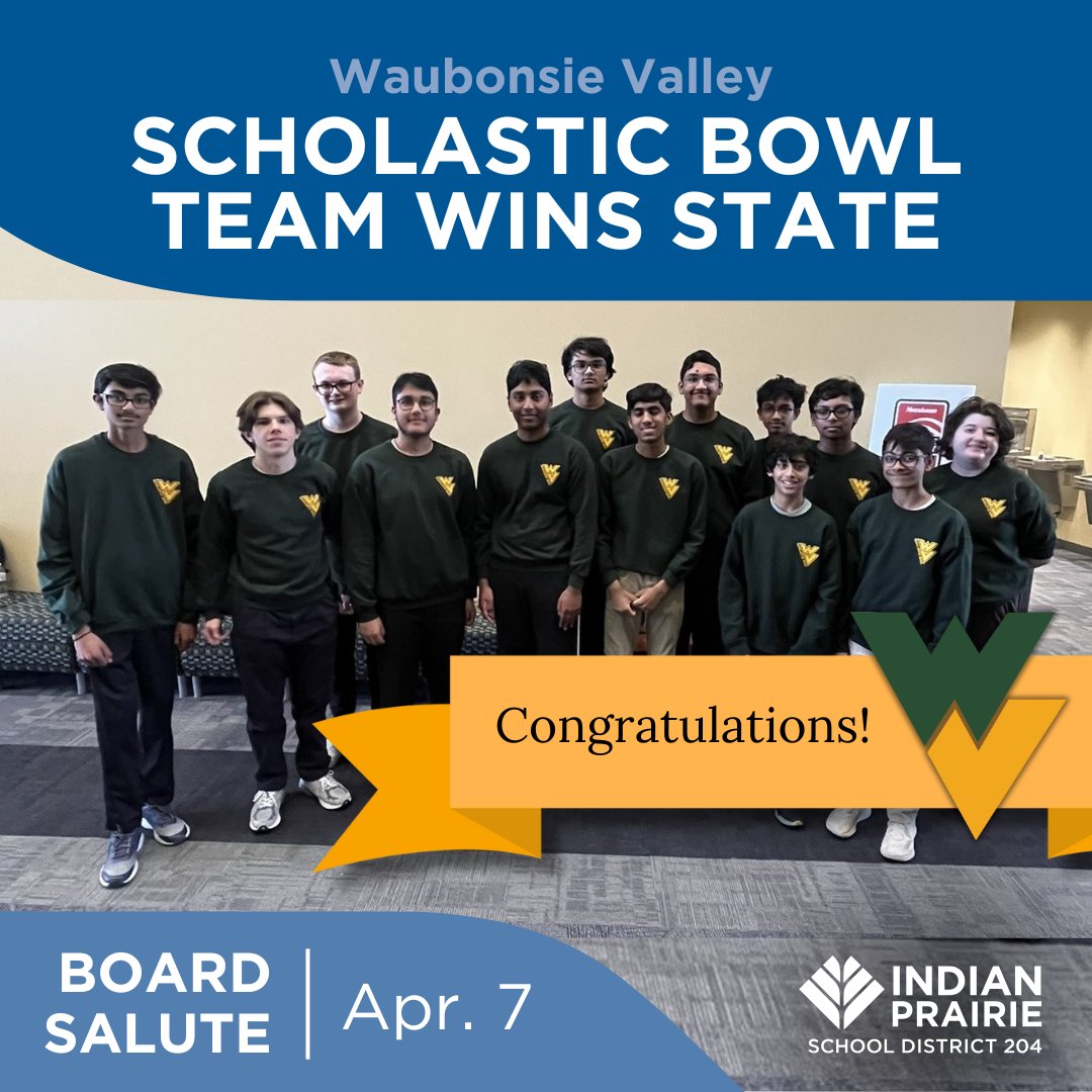 Indian Prairie 204 (@ipsd204) on Twitter photo Congratulations to the Waubonsie Valley Scholastic Bowl team for winning first place at the Illinois High School Association 2A State Championship.
<a href="/WaubonsieValley/">Waubonsie Valley HS</a> #boardsalute Congratulations to the Waubonsie Valley Scholastic Bowl team for winning first place at the Illinois High School Association 2A State Championship.
<a href="/WaubonsieValley/">Waubonsie Valley HS</a> #boardsalute