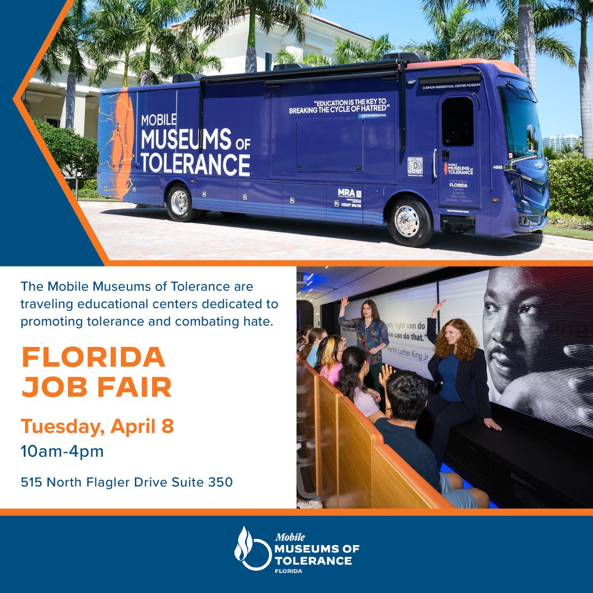 MobileTolerance's tweet image. ⭐ Want to join the Mobile Museums of Tolerance team?
Are you passionate about education, social justice, and making a positive impact on communities?
If this sounds like you, come meet us at our Florida job fair!
📍515 N. Flager Drive Suite 350, West Palm Beach, FL
🗓️…