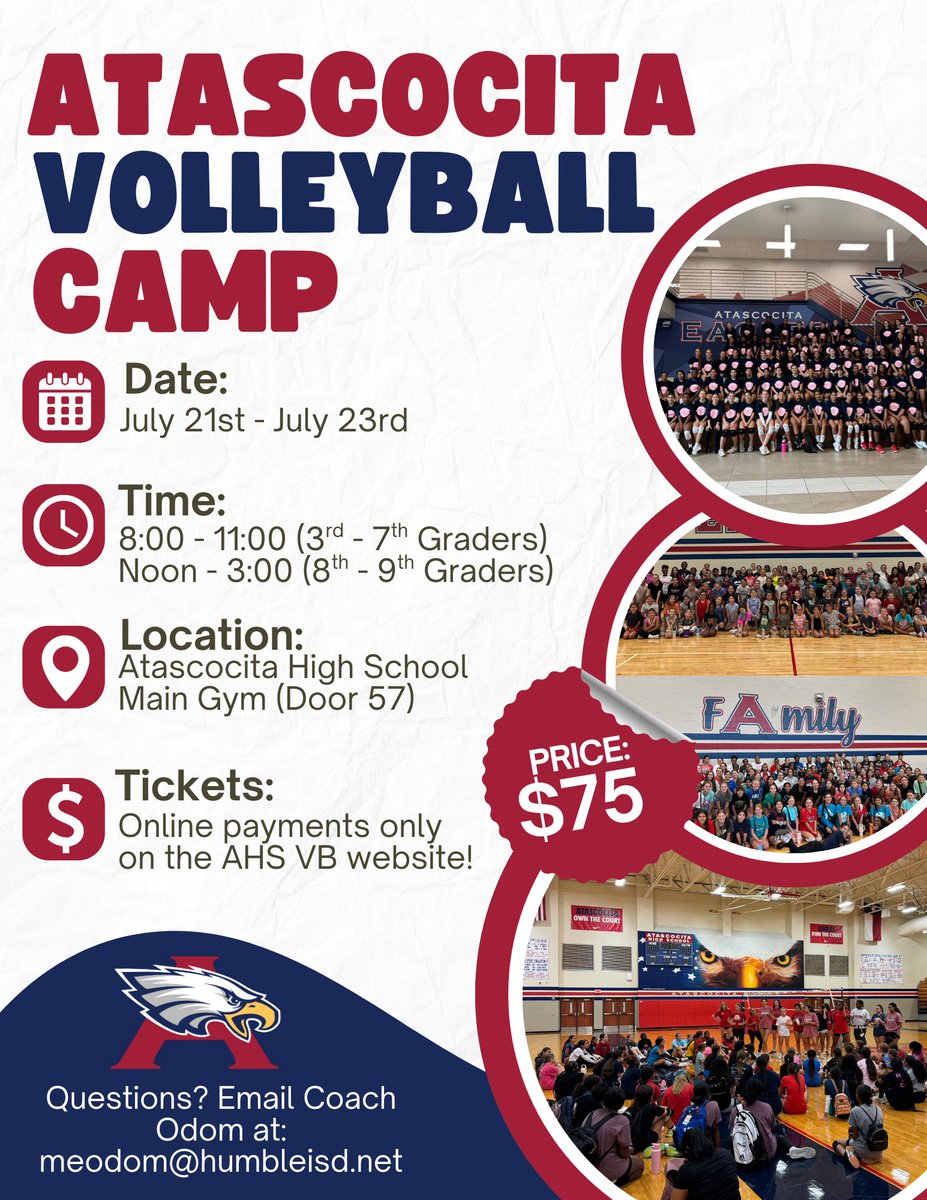 Mark your calendar for our summer camp! 🏐 Come learn from the best with our current volleyball players &amp; have a fun 3 days competing against future Eagles! See y’all in July! 😊 (link to sign up on AHS VB website)