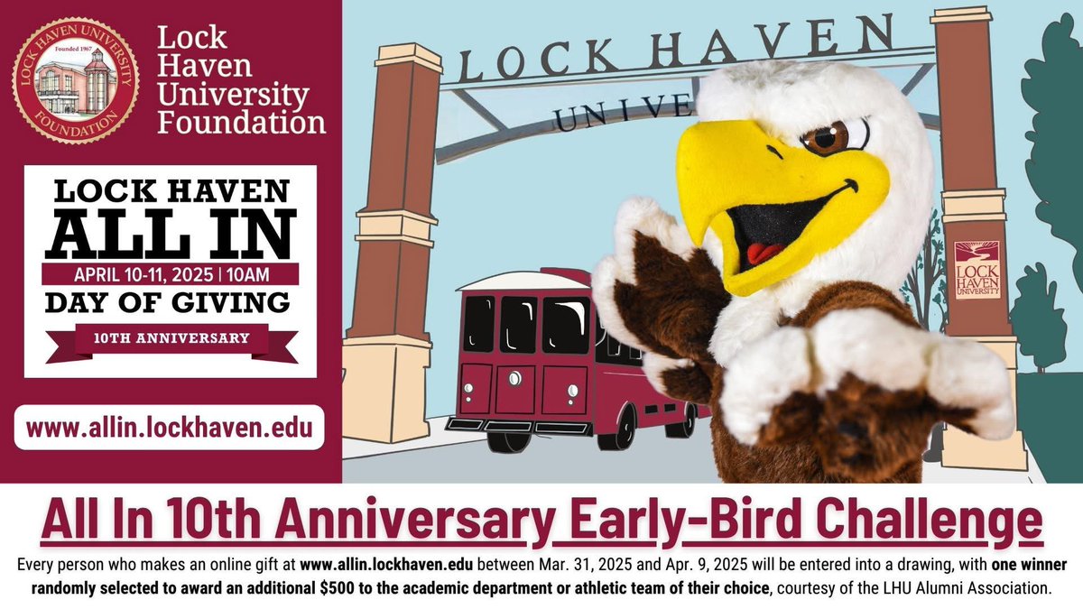 Are you All In for The Haven?

Make an early-bird gift at allin.lockhaven.edu for a chance to win $500 for your favorite major or <a href="/HavenAthletics/">Lock Haven Athletics 🦅</a> program during our 10th-Anniversary All In Celebration!

#LHUAlumni #LHUALLIN #GiveToLHU #HavenProud