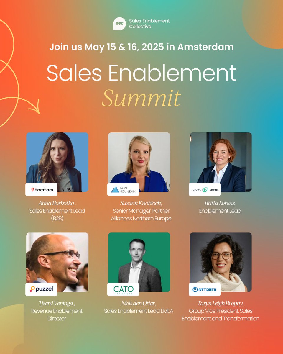 sec_collective's tweet photo. What do TomTom, Philips, Uber, and Databricks have in common?

They're all at Sales Enablement Summit Amsterdam on May 15 &amp; 16.

Check out the speaker lineup👇 before grabbing a brochure for more info.

https://t.co/R7bZLAT3mL https://t.co/mRCMZyFpIT