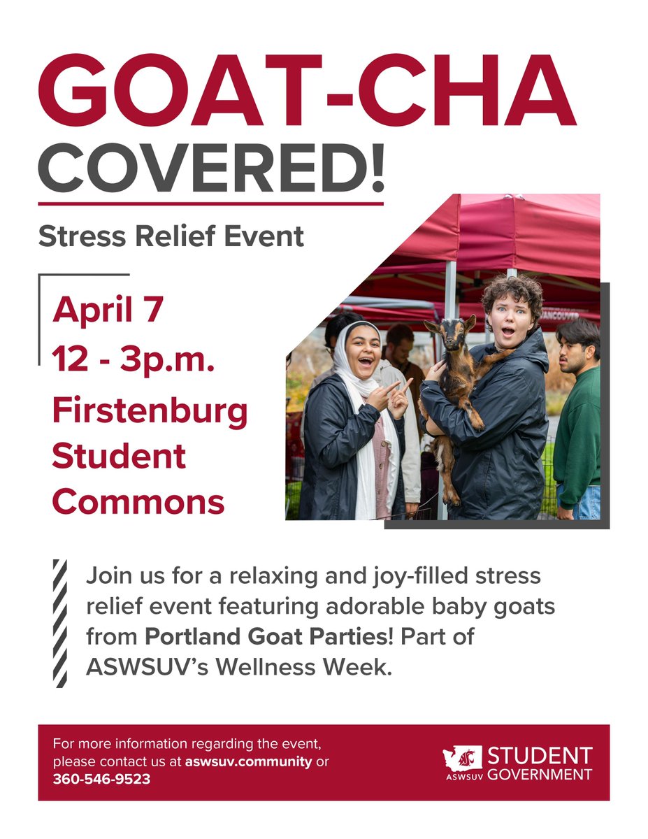 Kick off ASWSUV Wellness Week with the ultimate stress relief—baby goats from Portland Goat Parties! Snuggle, de-stress, and soak up the good vibes with our four-legged friends.

#GoatchaCovered #ASWSUVWellnessWeek #GoatTherapy #StressRelief