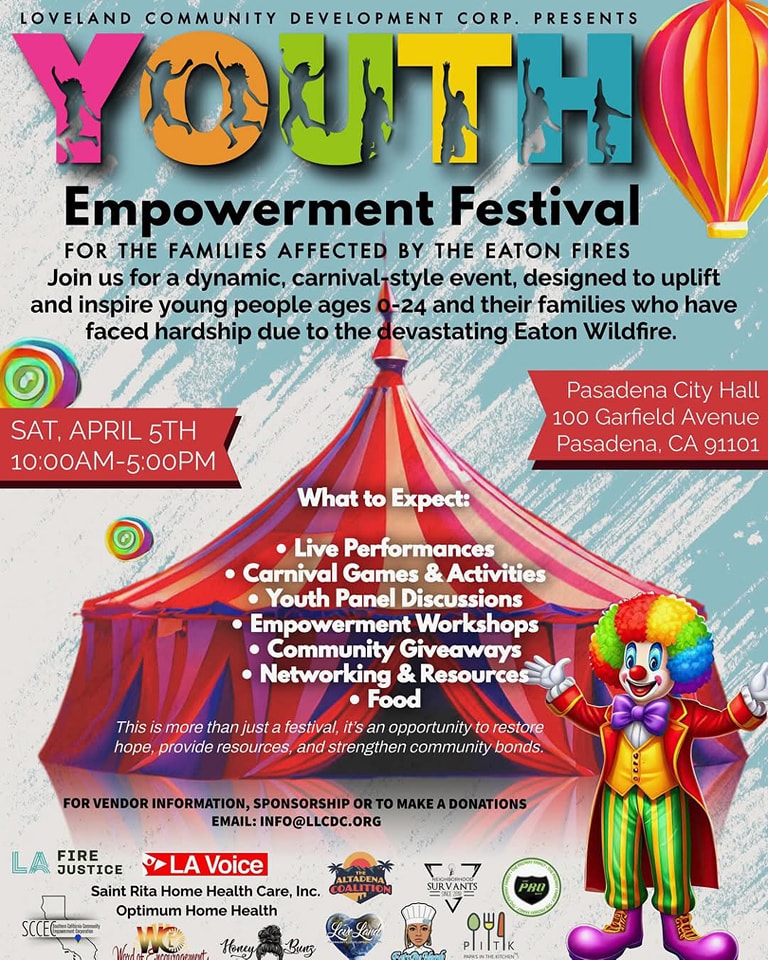 Join us for the #YouthEmpowermentFestival this weekend!🎡 This event is designed to uplift families affected by the #EatonWildfire, bringing together community organizations, businesses, and leaders to create a space of joy and resilience.💪
Click here! 👉 llcdc.org/altadena