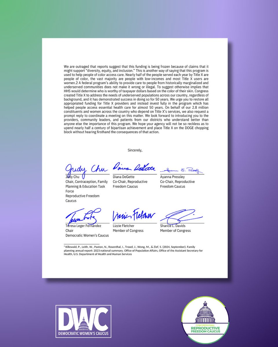 ReproCaucus's tweet image. As @HHS holds tens of millions of essential health care dollars hostage, we led 162 House Democrats in demanding the immediate restoration of #TitleX funding.

They're going after birth control and cancer screenings. We won't stand by.

Read more from RFC &amp;amp; @DemWomenCaucus 📷.