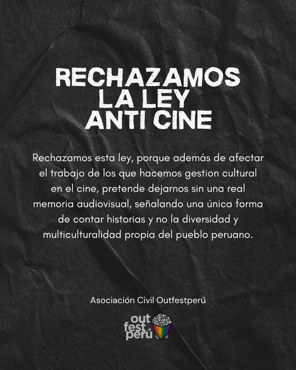 Rechazamo La ley Anticine que el Congreso ha aprobado por insistencia, de espaldas a la comunidad cinematográfico y a la opinión técnica de especialistas en el rubro, como también vulnera los derechos culturales y sintoma de una clara censura hacia la diversidad. 
#NoALaCensura