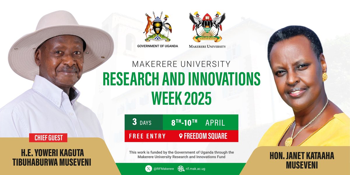Makerere University Research and Innovations Week 2025

📌 Theme: Research and Innovations for a Sustainable Future

📅 Dates: April 8th to 10th, 2025

Save the dates and be part of the movement. 

Tag a friend who should not miss this! 

#MakRIF #RIWEEK2025
