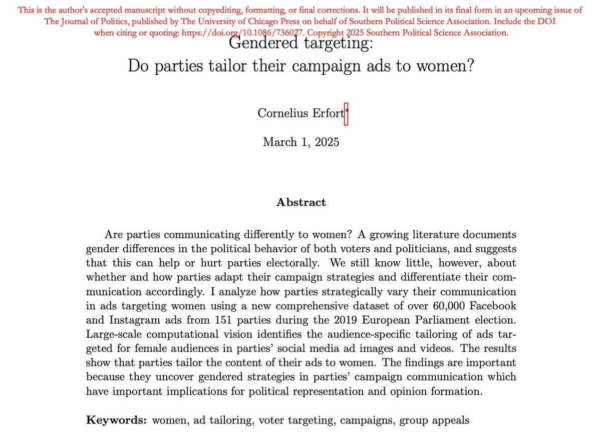 cornelius_mer's tweet image. How do parties tailor their campaign ads to women? 🗳️👩
Excited to share that my paper on how parties adapt their ads is out now at @The_JOP!
📖 Read it here: journals.uchicago.edu/doi/10.1086/73…
A quick breakdown of the findings ⬇️🧵