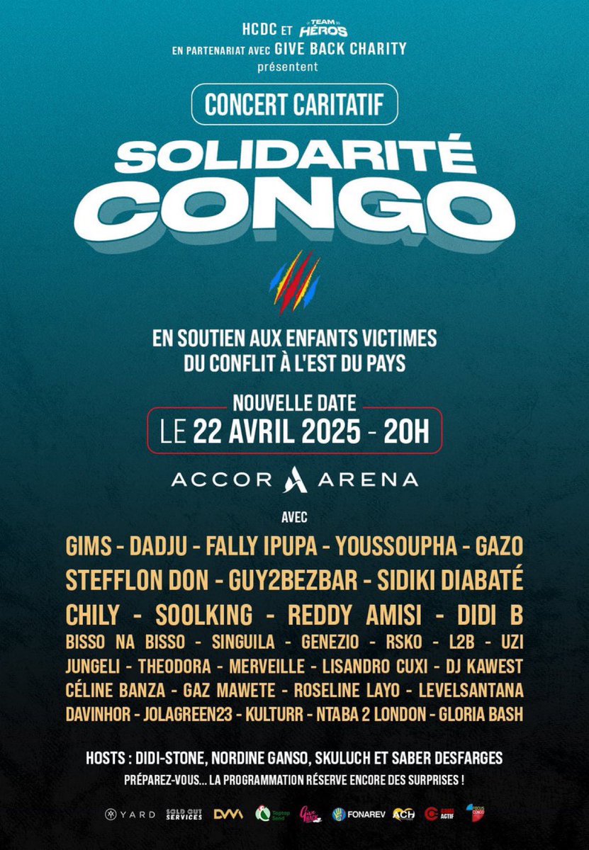 YellowNdule's tweet photo. Chers amis,

Rendez-vous ce 22 avril 2025 à la salle @Accor_Arena pour une soirée spéciale en soutien aux enfants victimes de la guerre à l'est du Congo. Ensemble, apportons notre aide et notre espoir à ceux qui en ont le plus besoin.
Votre présence compte ! 
#RDC #Gims #Fally https://t.co/1tfot8ce78