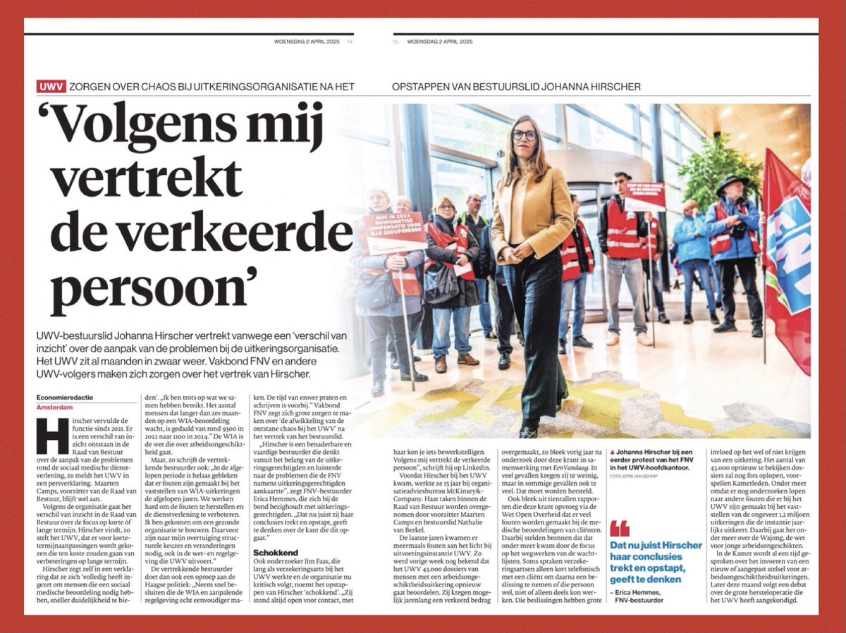 🟦 VERTREK JOHANNA HIRSCHER BIJ UWV 🟥 EEN ADERLATING

🔲 tegenwoordig hebben we nieuwscycli van minder dan een dag 
🔲 maar dit nieuws verdient toch wel wat meer 
🔲 zoals openheid over het daadwerkelijke achtergrond van het ‘verschil van inzicht’ in de top van UWV over de