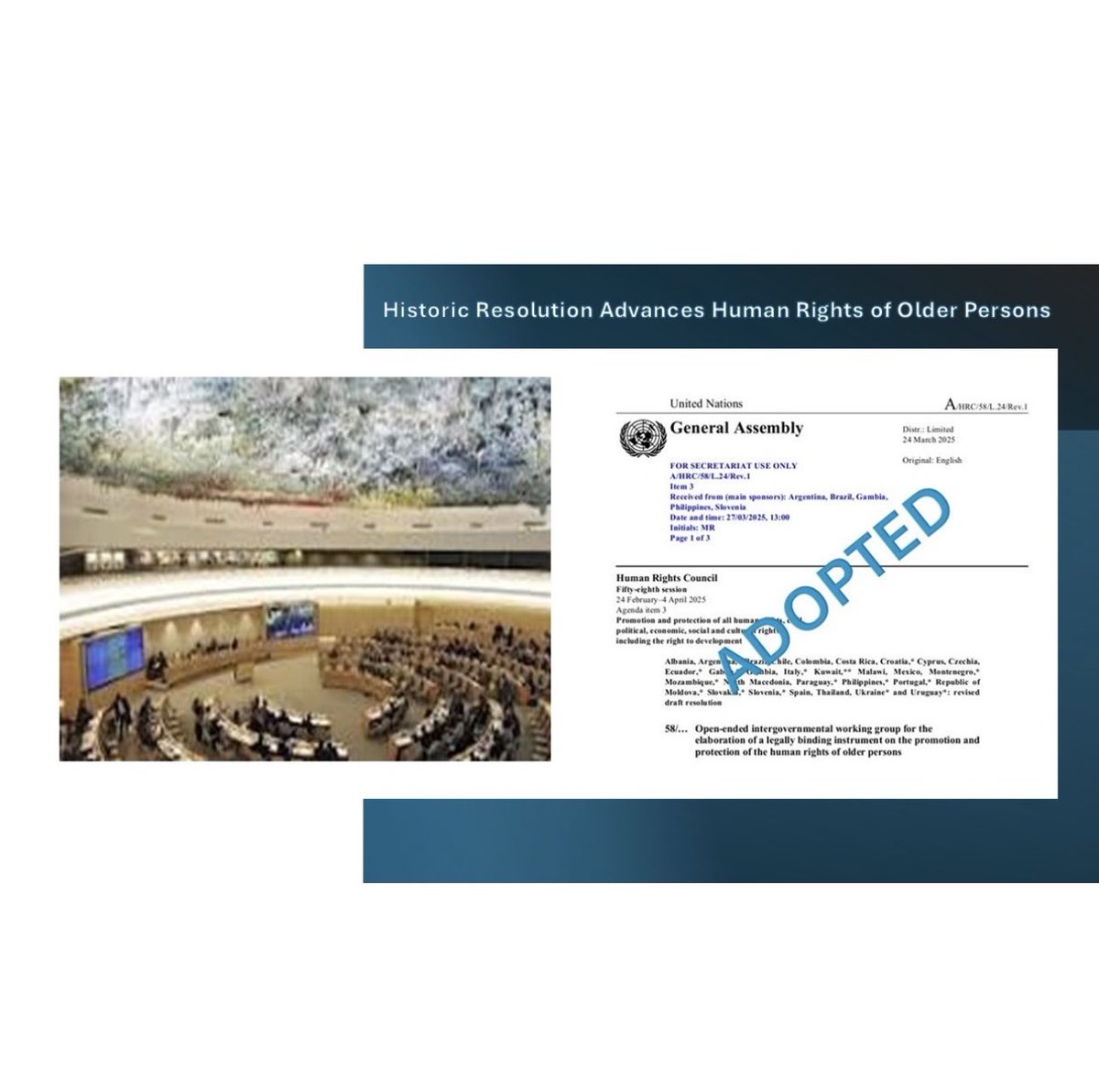 Great day for human rights for older persons.Resolution adopted for a working group to draft a UN convention on older people🙏to Canadian &amp; International NGO’s, Ambassadors ⁦<a href="/BobRae48/">Bob Rae</a>⁩ ⁦@peterevanmac⁩ ⁦<a href="/CanadaUN/">Canada Mission UN</a>⁩ ⁦⁦<a href="/CanadaGeneva/">Canada in Geneva 🍁</a>⁩ ⁦<a href="/UNHumanRights/">UN Human Rights</a>⁩