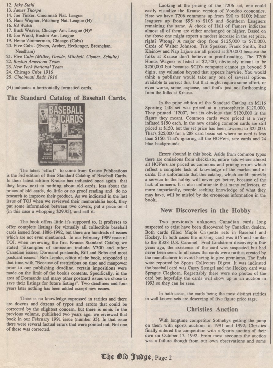 Another hobby publication review:  Lew Lipset appears to not be a huge fan of the 3rd edition of The Standard Catalog of Baseball cards and published this review in the December 1992 issue of The Old Judge:
#TheHobby #HobbyHistroy #HobbyLibrary