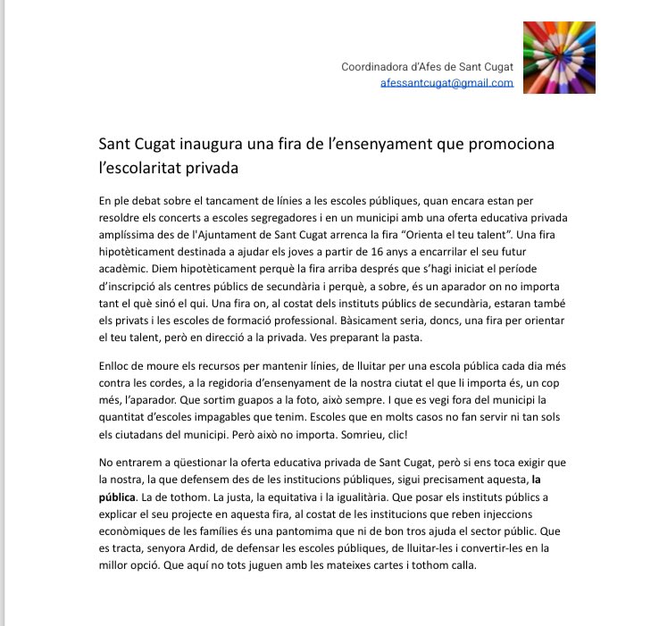 afes_santcugat's tweet photo. Us compartim aquest escrit que hem preparat sobre la fira d’ensenyament que s’inaugura demà a Sant Cugat, us animem a llegir-lo i a reflexionar abans de visitar-la. https://t.co/sYTGV3vds5