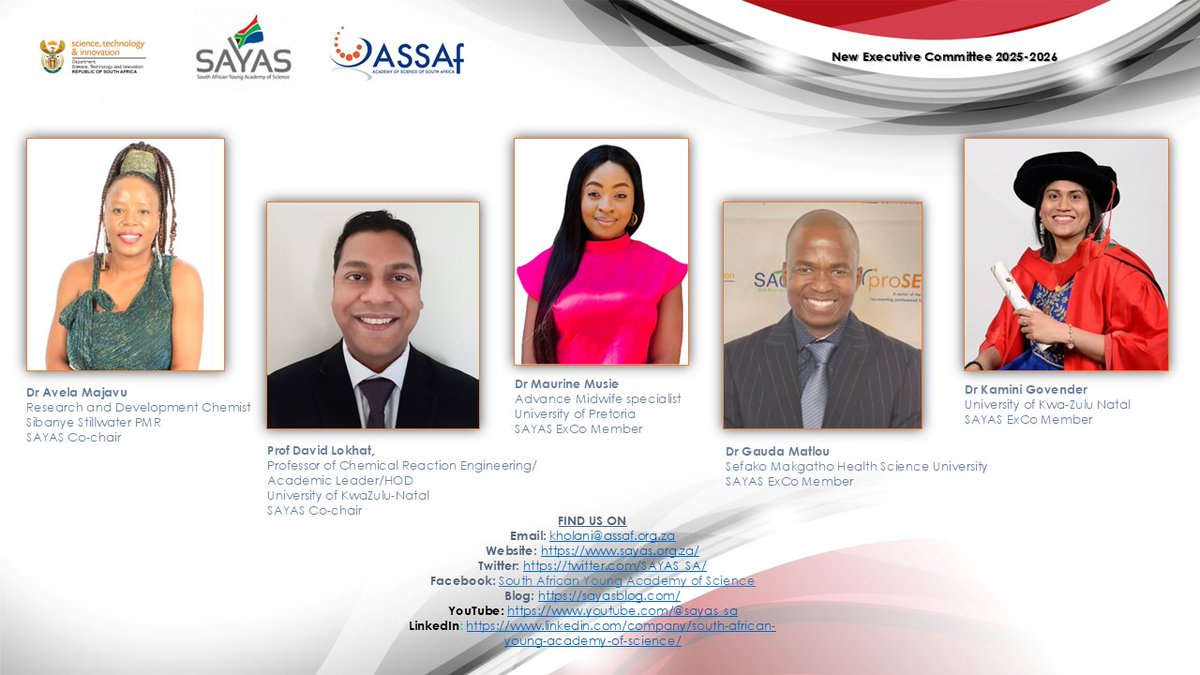 SAYAS (@sayas_sa) on Twitter photo 📷Exciting News!
The South African Young Academy of Science is pleased to announce the newly elected Executive Committee members for the tenure 2025-2026.<a href="/AvelaMajavu/">Dr Avela Majavu (PhD)</a>, @davidKholat,<a href="/MaurineMusie/">Maurine Musie</a> <a href="/Kaminigovender/">Kamini</a> @gautaMatlou 📷Exciting News!
The South African Young Academy of Science is pleased to announce the newly elected Executive Committee members for the tenure 2025-2026.<a href="/AvelaMajavu/">Dr Avela Majavu (PhD)</a>, @davidKholat,<a href="/MaurineMusie/">Maurine Musie</a> <a href="/Kaminigovender/">Kamini</a> @gautaMatlou