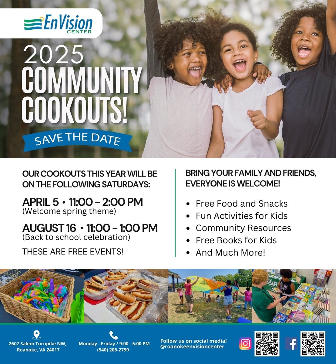 This year, we're excited to host two community cookouts at RRHA's EnVision Center, and we’d love for you and your family to join us! Learn more about this event here: shorturl.at/J8Ka2