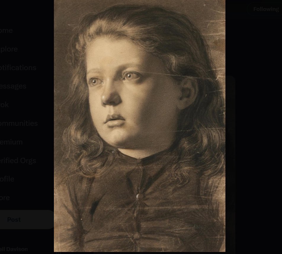 This weeks #PortraitChallenge try - Portrait of a girl, drawn in charcoal and black chalk by Gustav Klimt in 1879 (when he was 17) <a href="/StudioTeaBreak/">Virtual Studio</a>