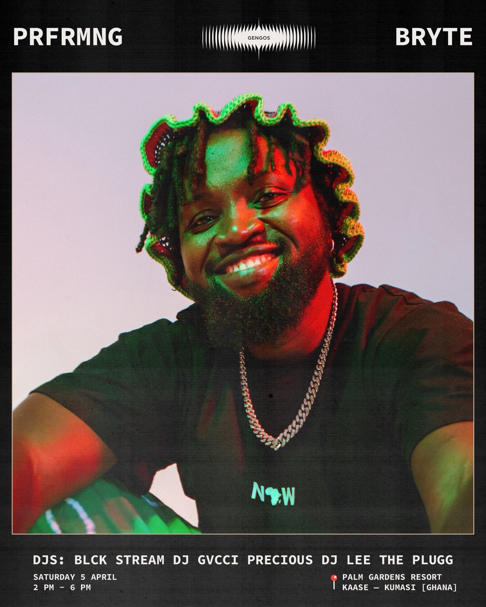 This Saturday 5 April 2025 - we witness some electrifying performances from Ghanaian rapper, BRYTE at the Palm Gardens Resort in Kumasi, from 2 PM - 6 PM GMT // with super sounds from our resident DJs: BLCK STREAM, DJ GVCCI, PRECIOUS DJ and LEE THE PLUGG

FREE ENTRY ✨