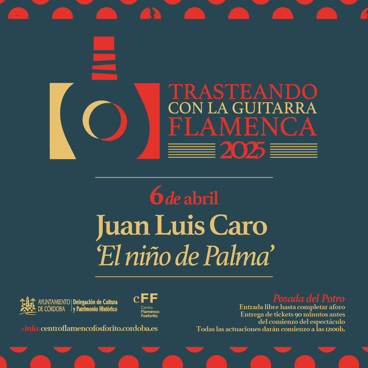 Esta semana recibimos al guitarrista 'Niño de Palma' en nuestro concierto de #trasteando 

📅 6 abril. 12h. #posadadelpotro 

Entrada libre hasta completar aforo 90 minutos antes del espectáculo

➕ info: lc.cx/wqHiK7

 #Flamenco #CordobaEsp