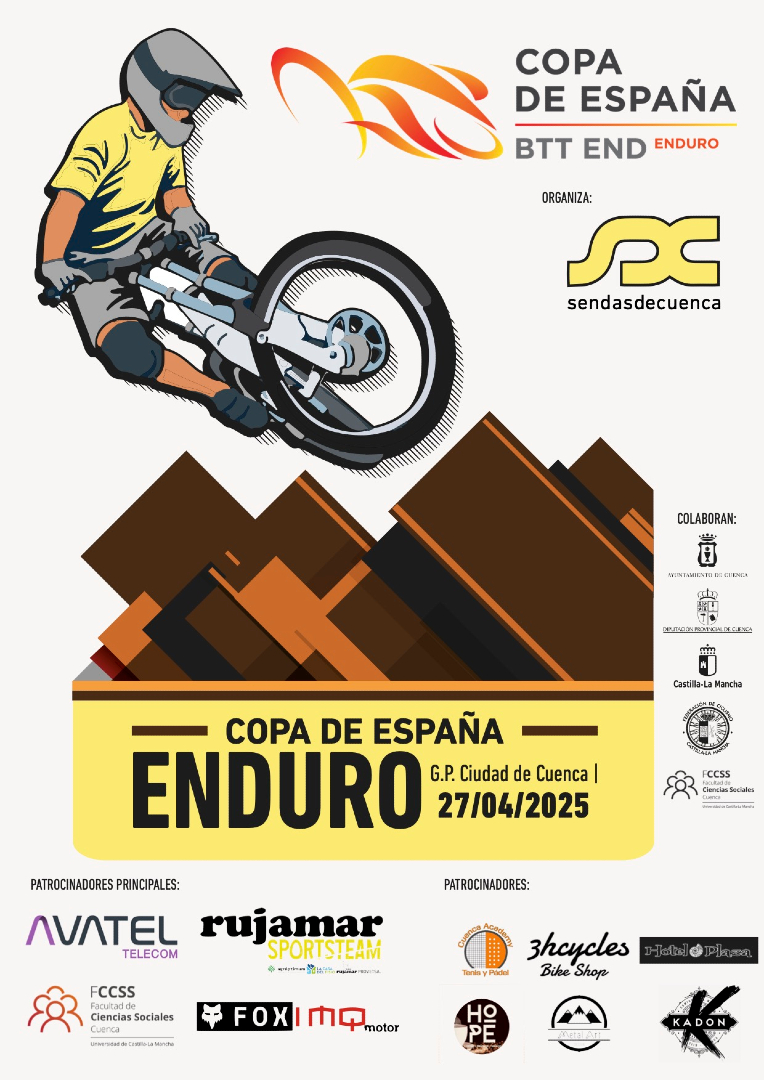 El próximo 27 de Abril tendrá lugar VI Enduro #Mtb Ciudad de #Cuenca!!🏁
La Facultad de Ciencias Sociales de Cuenca patrocina esta prueba de la Copa de España de enduro mtb que organiza @sendasdecuenca