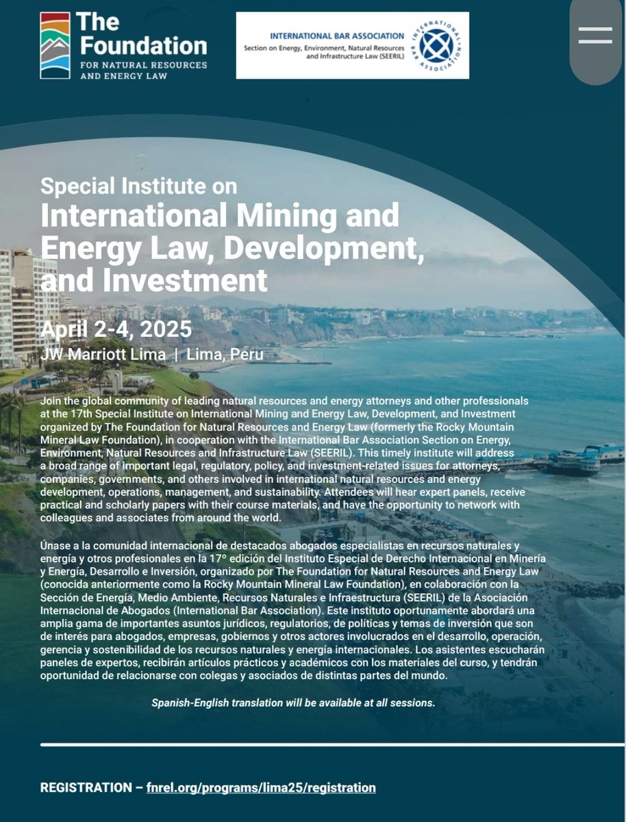 cipenza's tweet image. Esta semana en Lima #TheFoundation celebra  International Mining and Energy Law, Development, and Investment donde compartiré con colegas elementos  sobre #MineriaIlegal y #MineriaInfornal