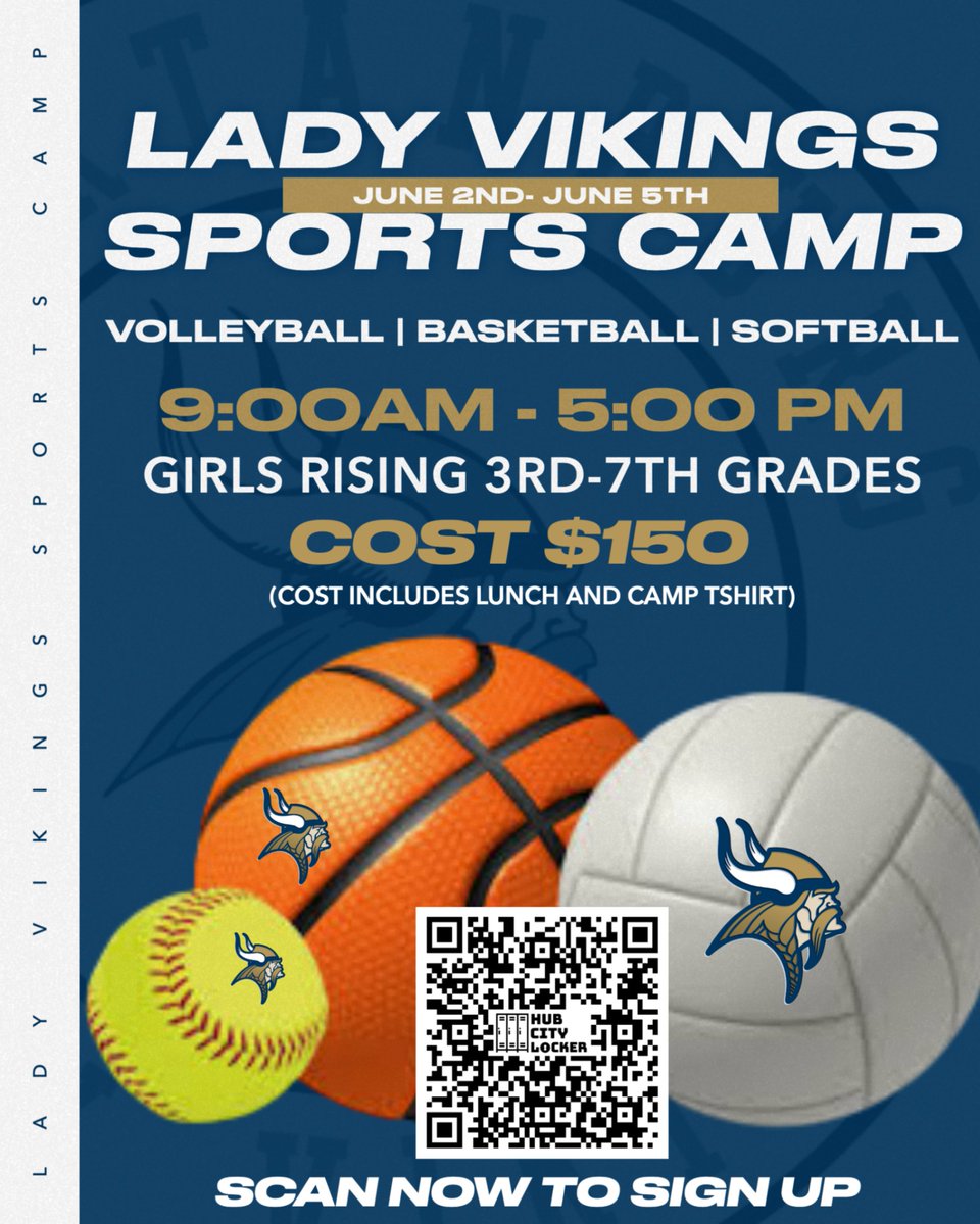 We’re excited to bring back the Lady Vikings Sports Camp for another amazing summer! 🏐🏀🥎

BASKETBALL | VOLLEYBALL | SOFTBALL 

📅 Dates: June 2nd - June 5th
⏰ Time: 9:00 AM - 5:00 PM
📍 Who: Girls rising into 3rd-7th grades
💰 Cost: $150 (Includes lunch &amp; camp T-shirt)